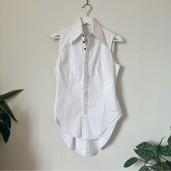 NORISOL FERRARI White Sleeveless Half Sack Button-Down Shirt - Picture 3 of 7